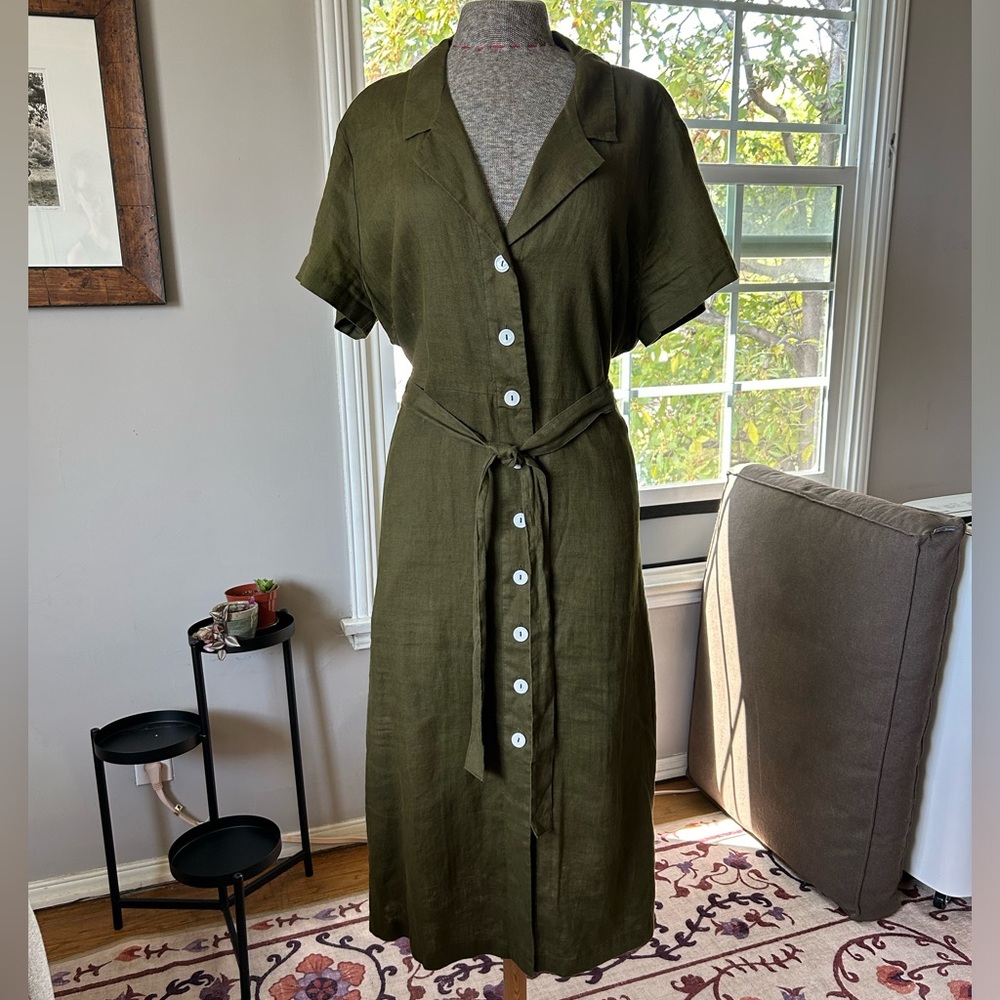Quince 100% European Linen Button Front Midi Dress, Martini Olive Green XL
